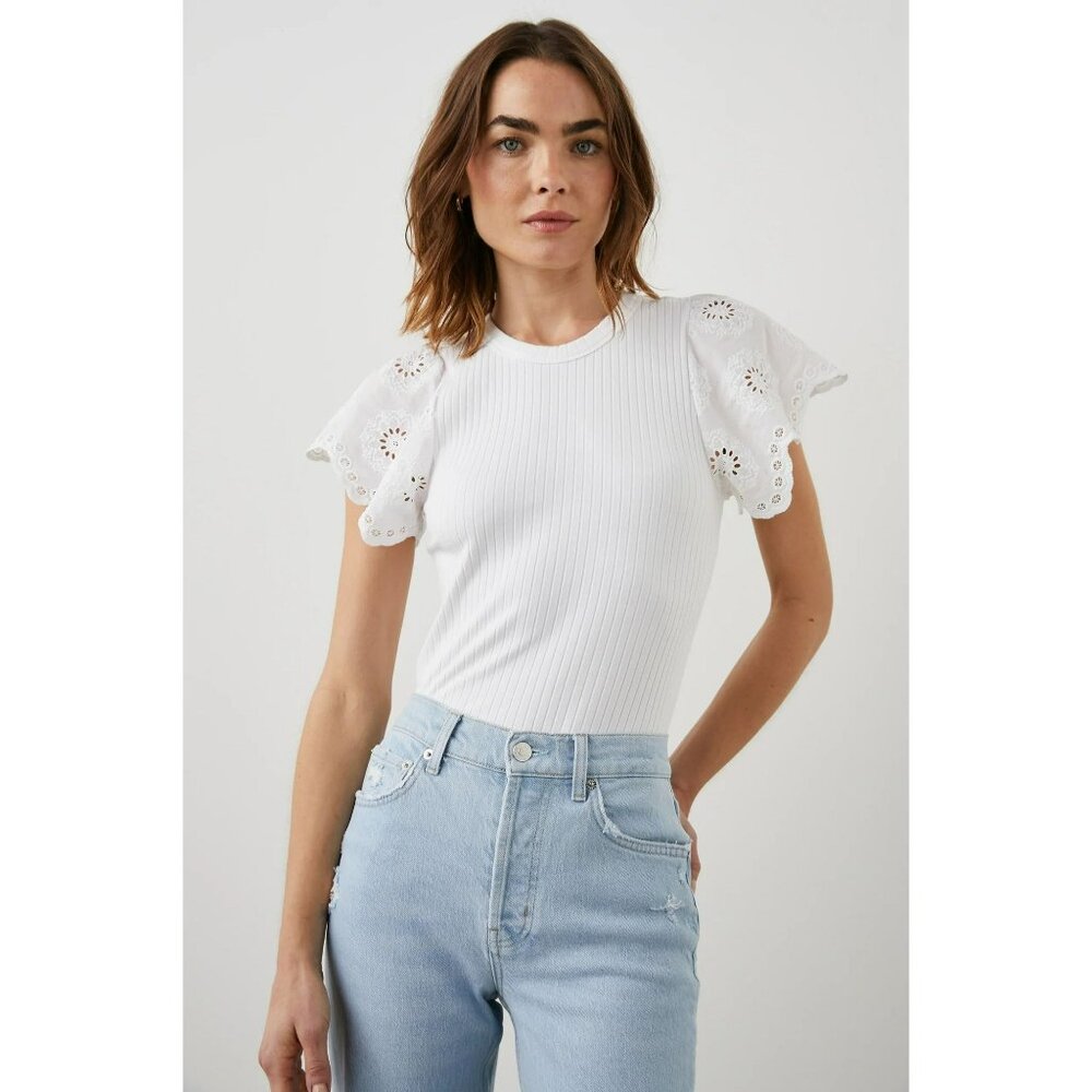 Rails Reza White Ribbed Blouse Eyelet Lace Flutter Sleeve Womens S Girly Western